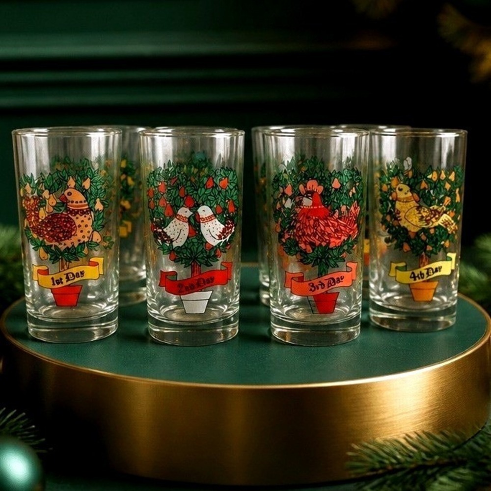 Vintage 12 Days of Christmas Glassware Set 12 Piece Holiday TumblerGlasses Clear